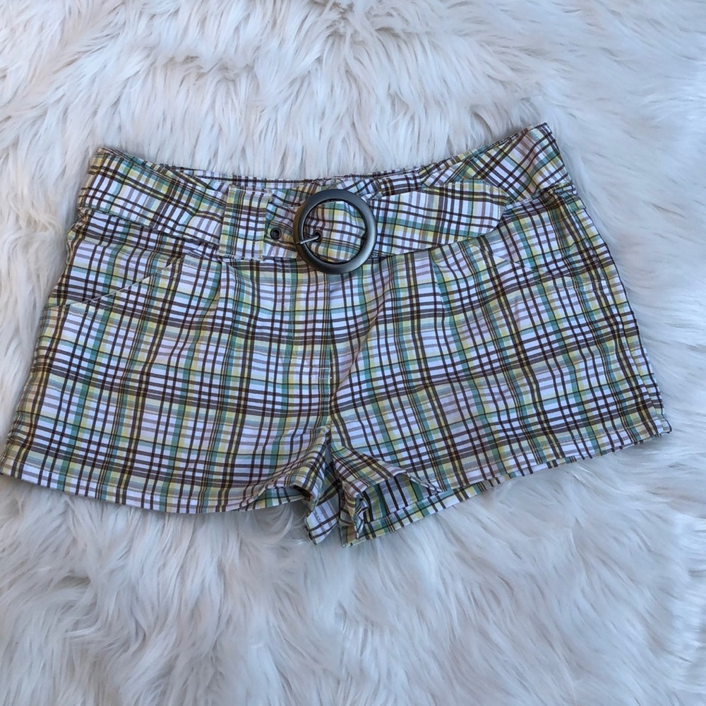 Pag green brown yellow plaid short with belt